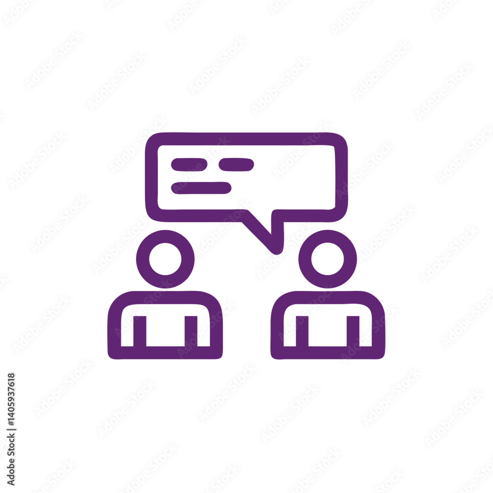 Conversation Icon: A simple, modern icon depicting two figures engaged in a dialogue, represented by a speech bubble. The design suggests communication, discussion, and exchange of ideas. Conversation Icon: A simple, modern icon depicting two figures engaged in a dialogue, represented by a speech bubble. The design suggests communication, discussion, and exchange of ideas.