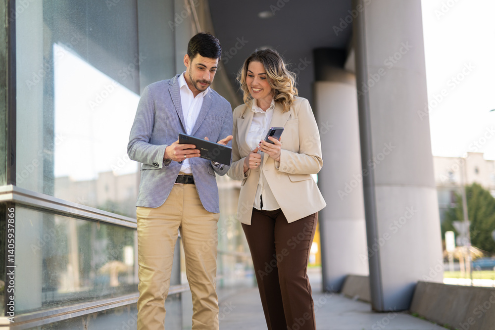 Two business colleagues reacting to something on a digital tablet while smiling. Team communication and funny work moment outdoors in a modern business setting. Two business colleagues reacting to something on a digital tablet while smiling. Team communication and funny work moment outdoors in a modern business setting.