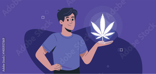 Man holding a glowing marijuana leaf in his hand
