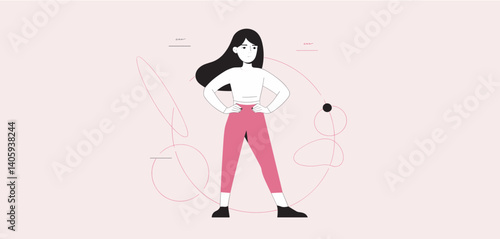 Confident woman standing with hands on hips in a modern abstract setting
