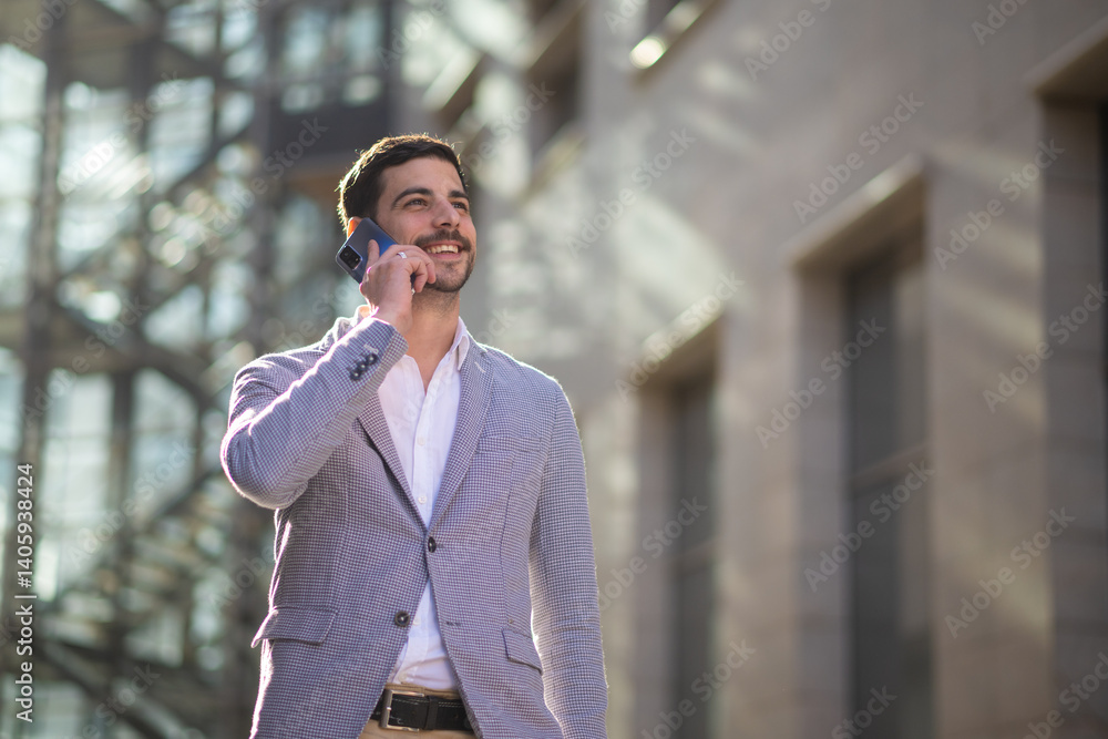 Happy businessman talking on the phone outside a modern office building. Confident male professional having a pleasant conversation in a business environment. Happy businessman talking on the phone outside a modern office building. Confident male professional having a pleasant conversation in a business environment.