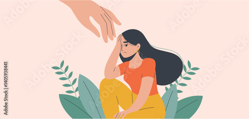 Hand reaching out to a woman with her hand on her forehead, expressing support
