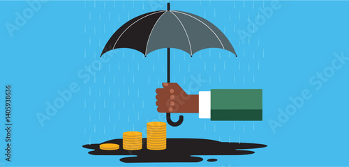 Hand holding an umbrella protecting stacks of coins from rain
