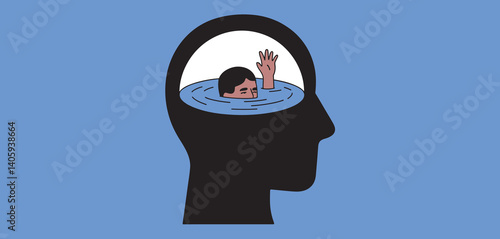 Silhouette of a head with a figure drowning inside, representing mental struggle
