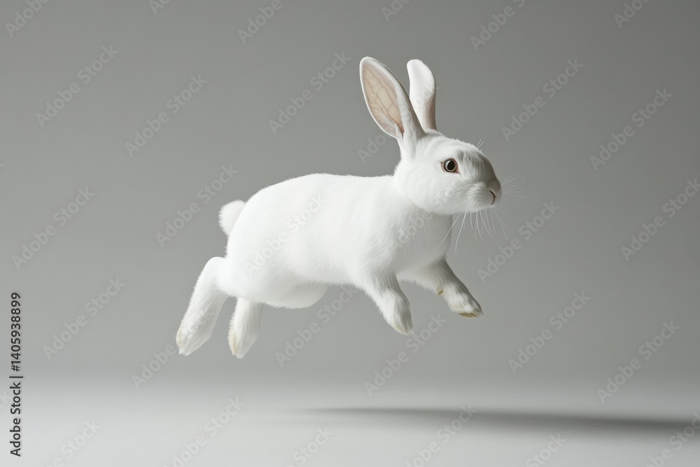 White bunny leaps mid-air with ears raised against a clean background capturing the joy of playful movement