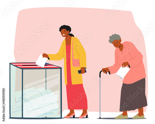 Old elderly and young adult women cartoon characters voting for candidate at polling station scene