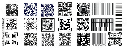 Scan QR code black icon set isolated on transparent background. Digital barcode scanning qr code sign for smartphone, payment, mobile app. Flat or line vector collection. Scan me phone tag symbol