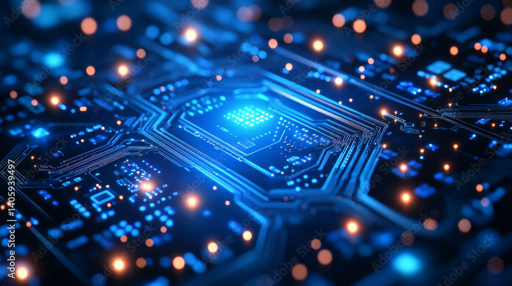 A sleek digital illustration set against a deep blue background, featuring luminous circuit board patterns and circular elements that evoke a sense of global connectivity Generative AI A sleek digital illustration set against a deep blue background, featuring luminous circuit board patterns and circular elements that evoke a sense of global connectivity Generative AI