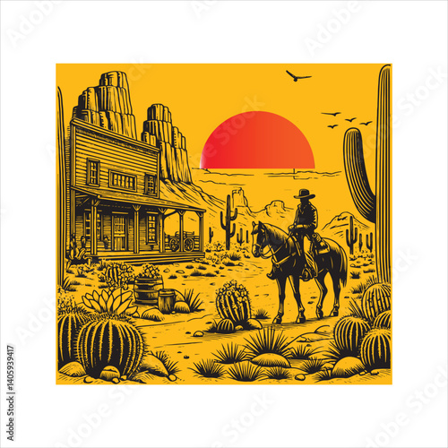 Title: Western Valley Landscape with Horse Rider and Cactus