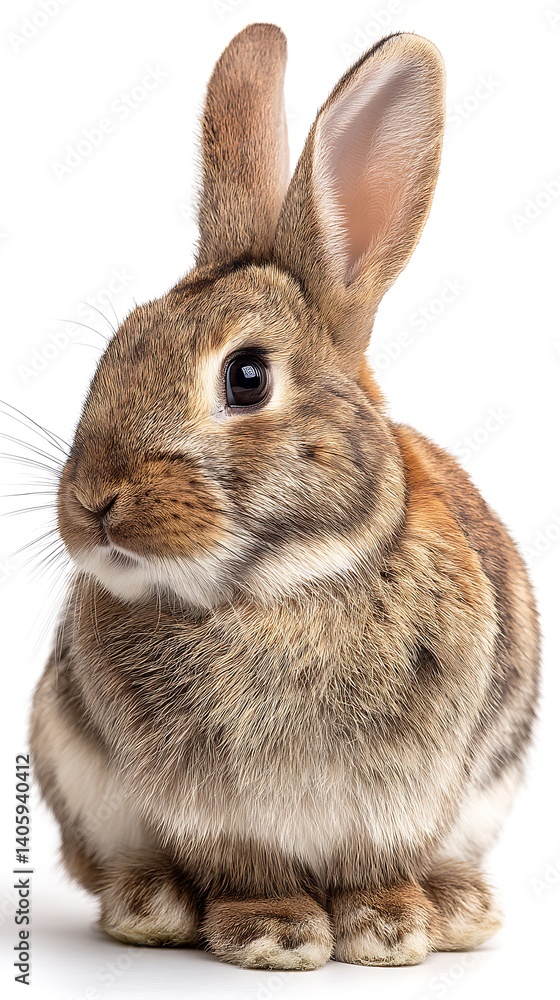 Fototapeta premium Close-Up of Cute Brown Bunny Sitting Upright With Ears Perked on White Background