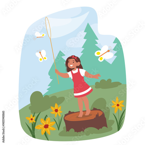 Cute adorable girl kid catching butterflies with net while standing on stump in green forest scene