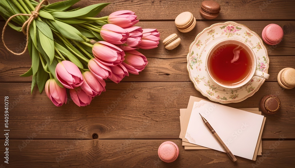 Mother's Day Flat Lay with Tulips, Tea, and Macarons Mother's Day Flat Lay with Tulips, Tea, and Macarons