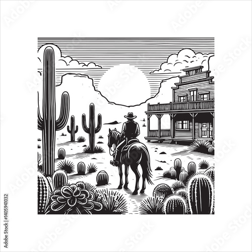 Title: Western Valley Landscape with Horse Rider and Cactus
