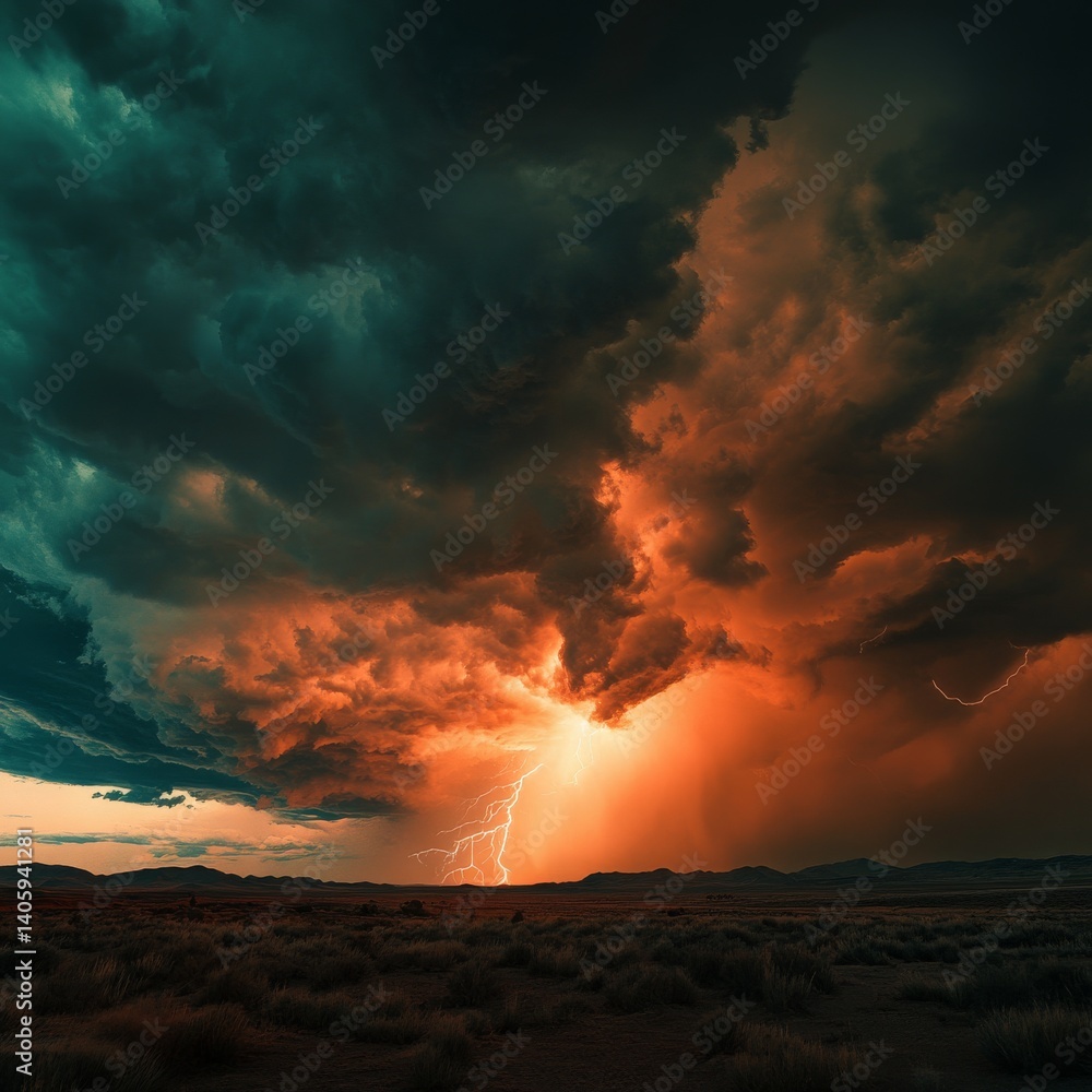 Naklejka premium March World Meteorological Day Storm Majesty Storm cloud with lightning over a desert landscape dramatic tealorange contrast aspect ratio cinematic scale sharp cloud textures Image