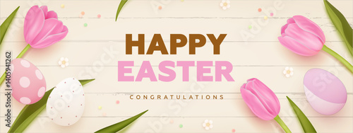 Happy easter horizontal banner, poster, wallpaper design template with realistic 3d colorful eggs and tulips. Eggs hunt concept. Greeting card, invitation, flyer. Vector iilustration