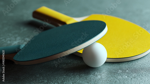 Close-up of teal and yellow ping pong paddles and ball on gray surface, showcasing a sporting goods concept, ideal for website banners or advertising