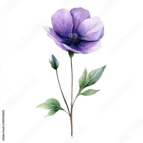 Airy Watercolor Violet Flower – Hand-Painted Wildflower with Curved Stem and Green Leaves on White Background