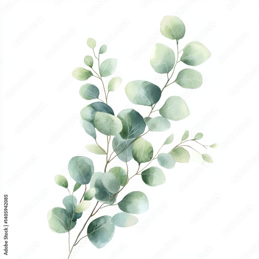 Obraz premium Minimalist Watercolor Eucalyptus – Soft Green Leaves and Subtle Shading in Delicate Botanical Style