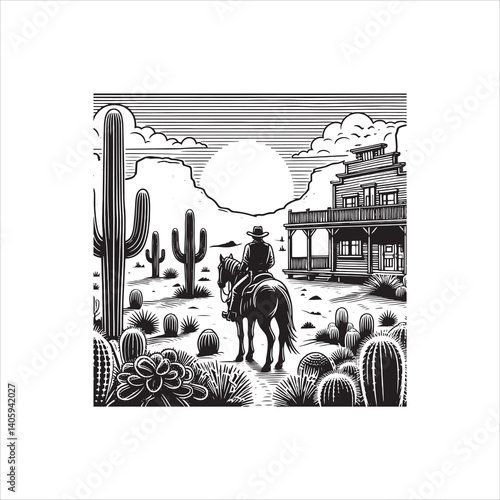 Title: Western Valley Landscape with Horse Rider and Cactus