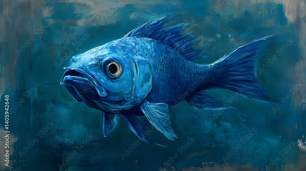 Fototapeta premium Mystic Blue Fish: A captivating artistic depiction of a vibrant blue fish swimming gracefully in the depths, rendered with a painterly style and evoking a sense of aquatic serenity.