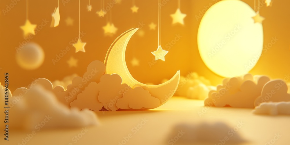 A whimsical scene of clouds and pastel stars under a bright, glowing moon. This playful artwork captures the essence of a dreamy night. Ideal for childrens rooms or creative projects. AI