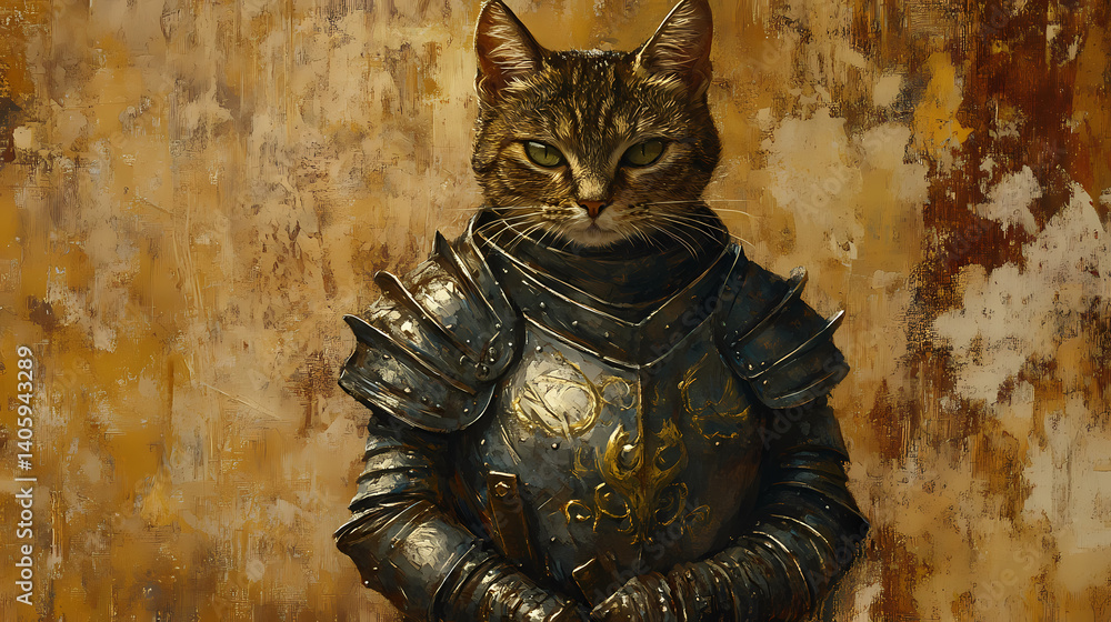 Fototapeta premium A cat in armor standing against a textured background. Mythic Stanzas. Illustration