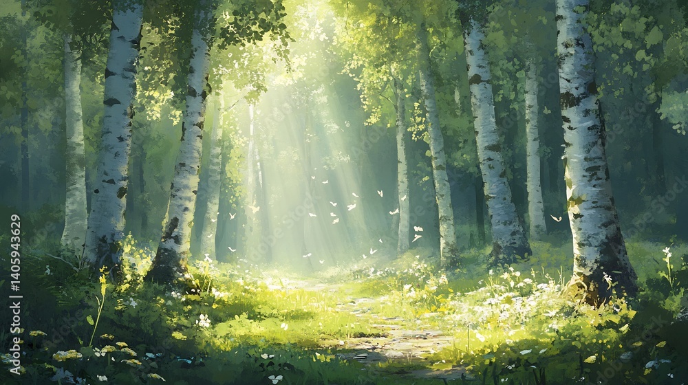 Fototapeta premium Quiet forest sanctuary delicate sunbeams filtering through tall graceful birches and a softly textured mossy floor creating an intimate vibe