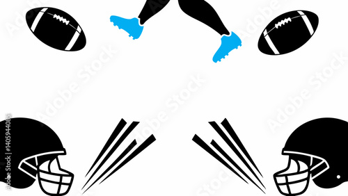 Exciting American football kickoff scene dynamic player kicking two helmets and footballs simple