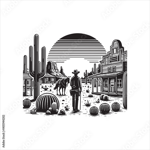 Title: Western Valley Landscape with Horse Rider and Cactus