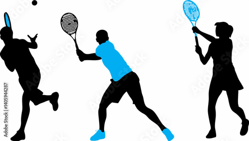 Dynamic tennis players in action silhouettes against white powerful strokes athletic poses