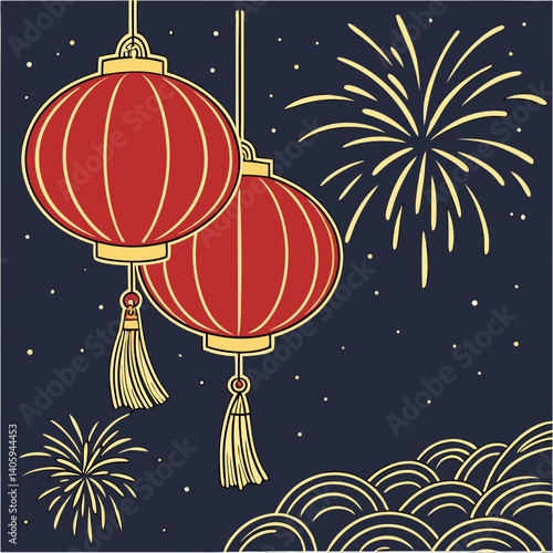Festive red and gold Chinese New Year lanterns with fireworks in a night sky – vibrant vector illustration.