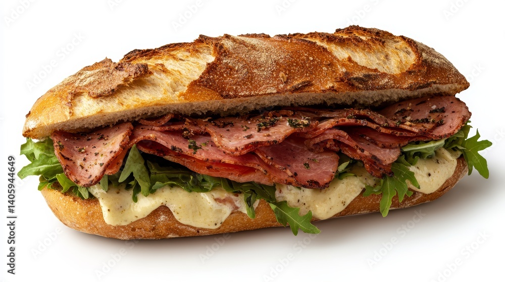 Stacked Fresh Ham Sandwich with Crisp Lettuce, Juicy Tomato and Light-Crust Soft Bread on Rustic Background Stacked Fresh Ham Sandwich with Crisp Lettuce, Juicy Tomato and Light-Crust Soft Bread on Rustic Background