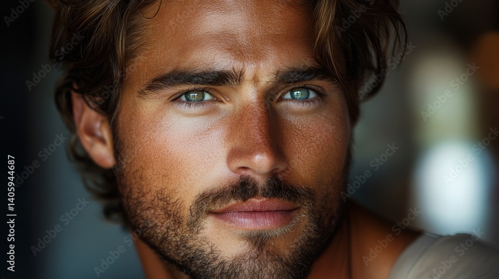 Striking portrait of a handsome man featuring a well-defined jawline and modern elegance