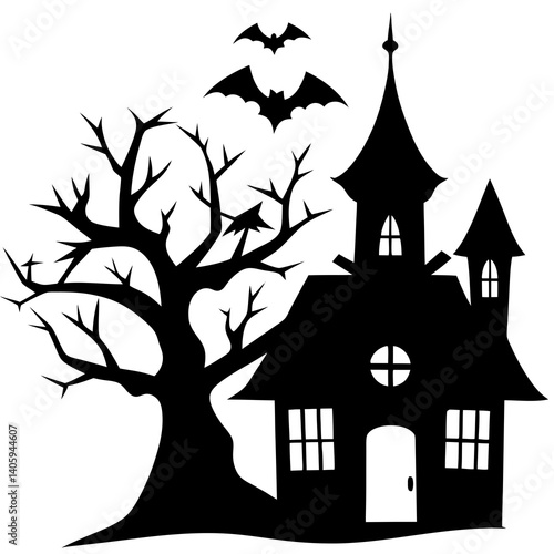 Halloween Horor house with dead tree, bat and Ghost silhouette vector isolated on white background