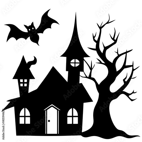 Halloween Horor house with dead tree, bat and Ghost silhouette vector isolated on white background