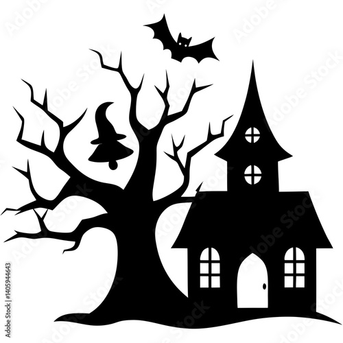 Halloween Horor house with dead tree, bat and Ghost silhouette vector isolated on white background