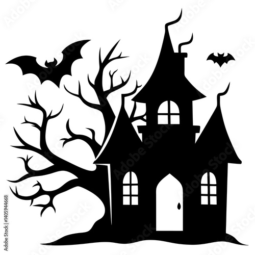 Halloween Horor house with dead tree, bat and Ghost silhouette vector isolated on white background