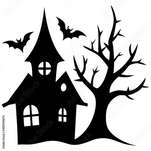 Halloween Horor house with dead tree, bat and Ghost silhouette vector isolated on white background