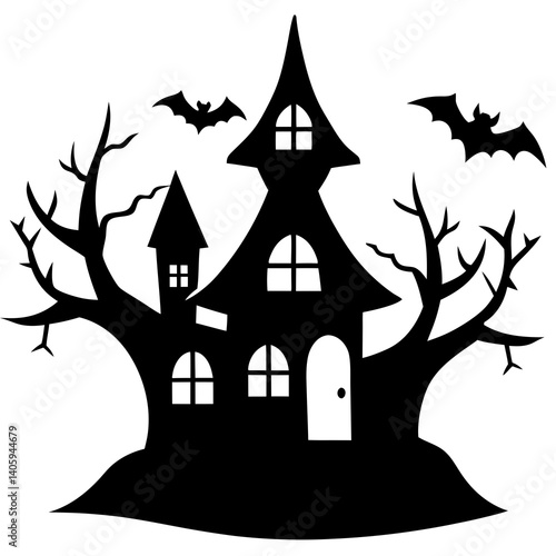Halloween Horor house with dead tree, bat and Ghost silhouette vector isolated on white background