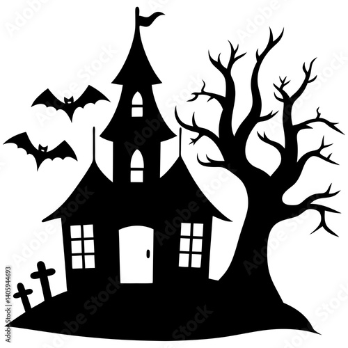 Halloween Horor house with dead tree, bat and Ghost silhouette vector isolated on white background