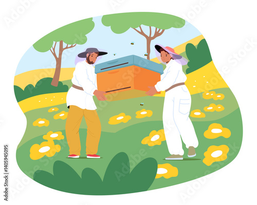 Man and woman beekeepers cartoon characters carrying beehive with flying honey bees outdoors