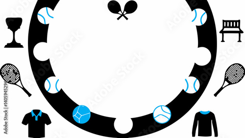 Tennis tournament puzzle championship trophy rackets balls shirts bench graphic design black and