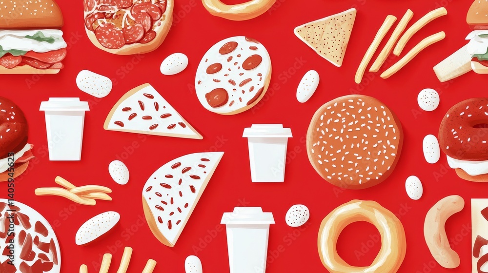 Colorful Seamless Pattern Featuring Pizza, Hamburgers, and Various Fast Food Items on a Vibrant Red Background With Playful Illustrations Colorful Seamless Pattern Featuring Pizza, Hamburgers, and Various Fast Food Items on a Vibrant Red Background With Playful Illustrations