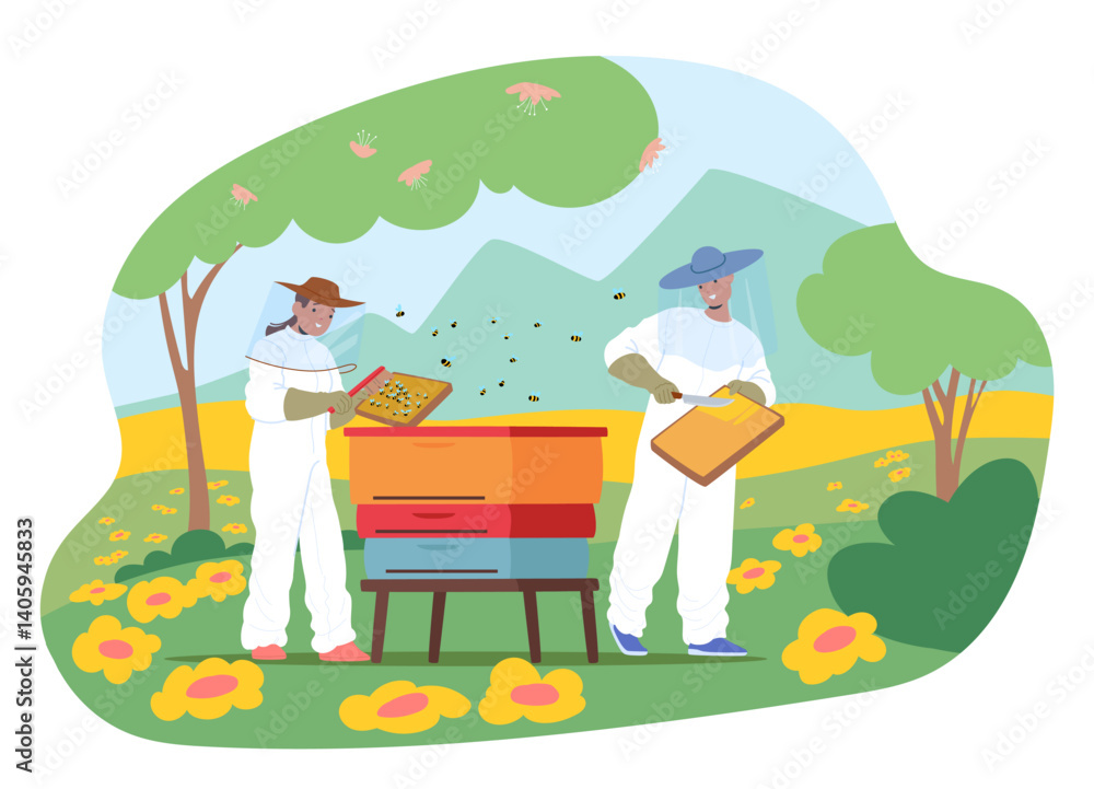 Naklejka premium Man and woman apiarists cartoon characters gathering honey harvest working at agricultural field