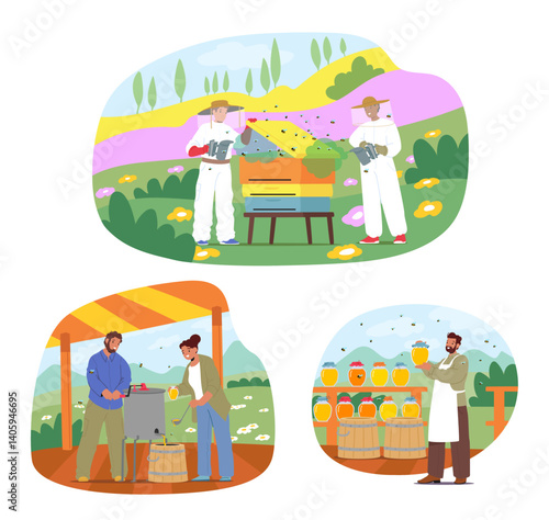 Honey production scene with happy apiarists beekeeping harvesting natural product at local farm
