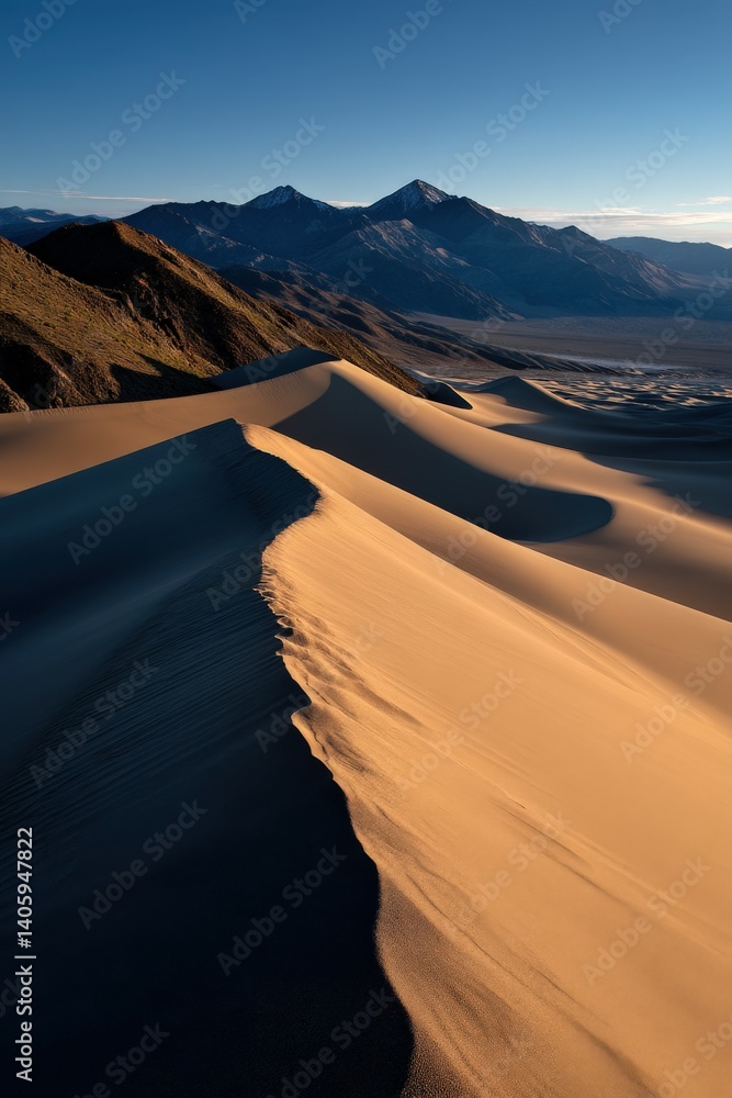 Fototapeta premium Golden sands stretch under a clear sky at dawn