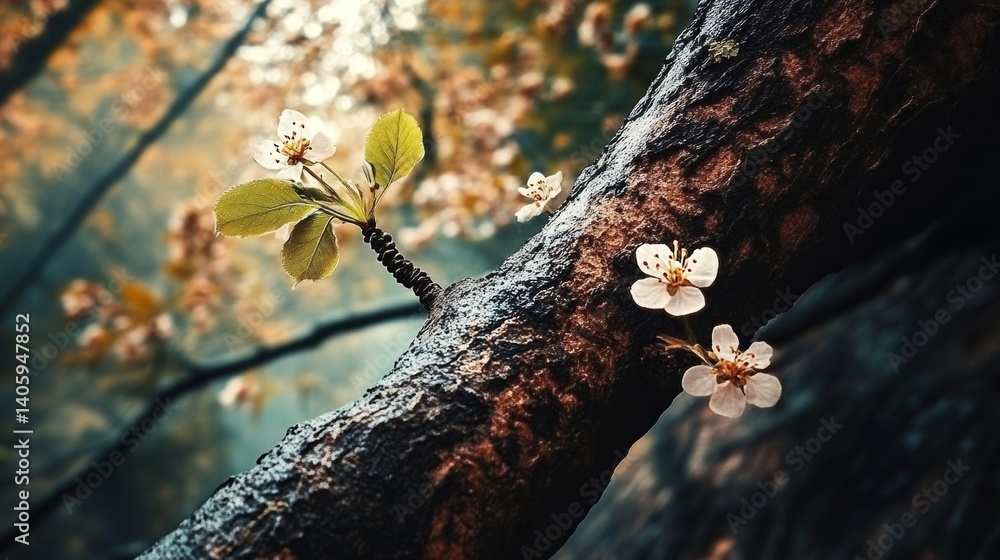 Fototapeta premium Small White Flowers Bloom on a Tree Branch in a Serene Forest, Capturing the Essence of Spring and Nature's Beauty in High-Definition Detail