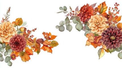 Autumn floral corner border with dahlia, rose and eucalyptus leaves. Fall frame, banner, background. Burnt orange flowers, yellow, terracotta. foliage. Watercolor illustration. Rustic wedding illustr