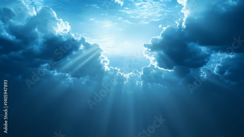 Mystical blue clouds in ethereal light, creating a serene underwater atmosphere. Fabled Whisper. Illustration