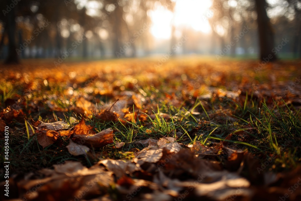 Autumn leaves covering the ground in a tranquil park Autumn leaves covering the ground in a tranquil park